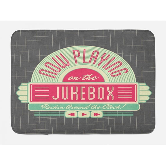 Jukebox Bath Mat, Charcoal Grey Backdrop with 50s Inspired Radio Music Box Image, Non-Slip Plush Mat Bathroom Kitchen Laundry Room Decor, 29.5 X 17.5 Inches, Mint Green Hot Pink and White, Ambesonne
