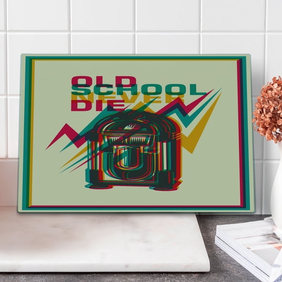 Jukebox Cutting Board, Retro Never Die Words on Antique Radio Abstract Backdrop, Decorative Tempered Glass Cutting and Serving Board, Large Size, Turquoise Hot Pink, by Ambesonne