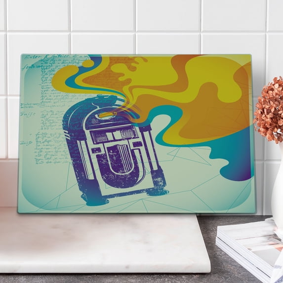 Jukebox Cutting Board, Retro Vintage Radio Music Box with Marigold Yellow Abstract Fog Like Image, Decorative Tempered Glass Cutting and Serving Board, Large Size, Purple and Blue, by Ambesonne