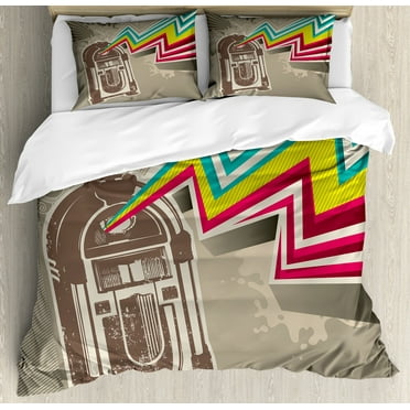 Jukebox Duvet Cover Set, Antique Vintage Retro Radio Party with Colorful Zig Zag Design Image, Decorative 3 Piece Bedding Set with 2 Pillow Shams, King Size, Pale Grey and White, by Ambesonne