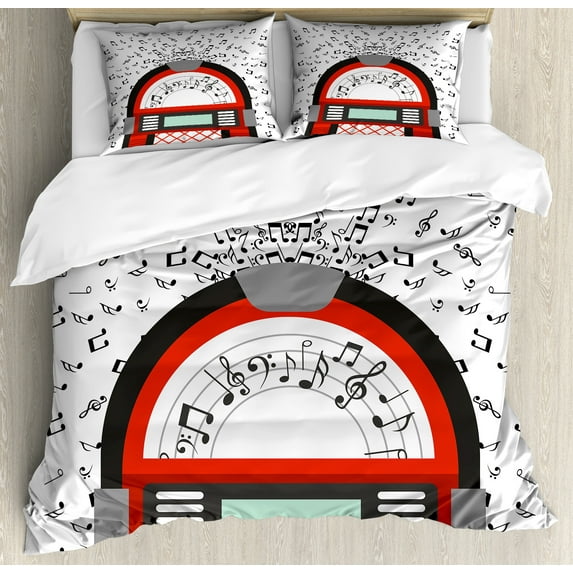 Jukebox Duvet Cover Set, Cartoon Party Music Antique Old Vintage Retro Box with Notes Art, Decorative 3 Piece Bedding Set with 2 Pillow Shams, Calking Size, White Black Red, by Ambesonne