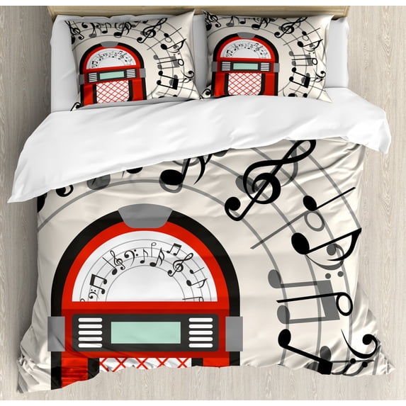 Jukebox Duvet Cover Set Queen Size, Cartoon Antique Old Vintage Radio Music Box Party with Notes Artwork, Decorative 3 Piece Bedding Set with 2 Pillow Shams, Black White Grey and Red, by Ambesonne