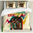thumbnail image 1 of Jukebox Duvet Cover Set, Retro Never Die Words on Antique Radio Abstract Backdrop, Decorative 3 Piece Bedding Set with 2 Pillow Shams, Calking Size, Turquoise Hot Pink, by Ambesonne, 1 of 3
