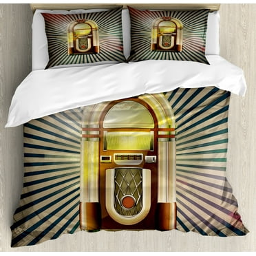 Jukebox Duvet Cover Set, Retro Vintage 50s Pin up Inspired Striped Backdrop Old Music Box, Decorative 3 Piece Bedding Set with 2 Pillow Shams, Calking Size, Petrol Blue Beige, by Ambesonne