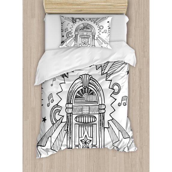 Jukebox Duvet Cover Set Twin Size, Retro Vintage Cartoon Sketchy Style Radio Music Notes Box with Stars Image, Decorative 2 Piece Bedding Set with 1 Pillow Sham, Black and White, by Ambesonne