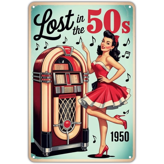 Jukebox Girl Pinup tin sign Vintage 1950s Music Metal Sign Print Aesthetic for Garden Yard Bar Porch Home Bedroom Kitchen Wall Decor Decor Gift 8 x 12 inch