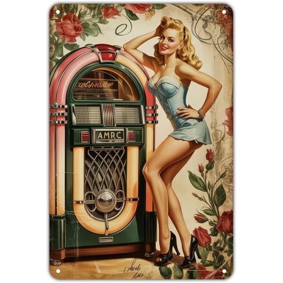 Jukebox Girl Pinup tin sign Vintage Retro Music Metal Sign Print Aesthetic for Garden Yard Bar Porch Home Bedroom Kitchen Wall Decor Decor Gift 8 x 12 inch