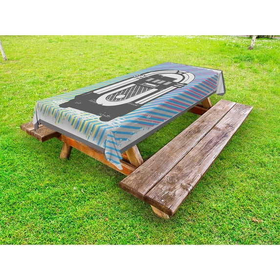 Jukebox Outdoor Tablecloth, Radio Party Dark Grey Vintage Music Box with Abstract Grunge Colorful Stripes Image, Decorative Washable Fabric Picnic Tablecloth, 58 X 120 Inches, Multicolor, by Ambesonne