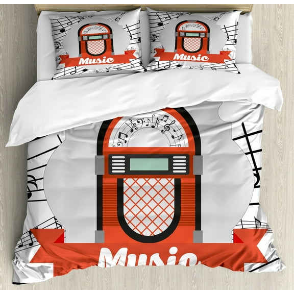 Jukebox Queen Size Duvet Cover Set, Old Vintage Music Radio Box Cartoon Image with Notes Artwork Print, Decorative 3 Piece Bedding Set with 2 Pillow Shams, Red Grey Black and White, by Ambesonne