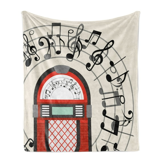 Jukebox Soft Flannel Fleece Throw Blanket, Cartoon Antique Old Vintage Radio Music Box Party Notes Artwork, Cozy Plush for Indoor and Outdoor Use, 70" x 90", Red Black Grey, by Ambesonne