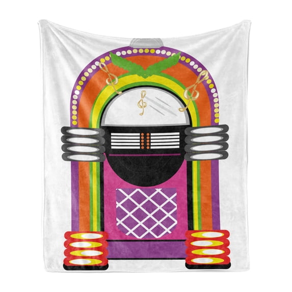 Jukebox Soft Flannel Fleece Throw Blanket, Cartoon Vivid Design Vintage Music Notes Radio Box Artwork, Cozy Plush for Indoor and Outdoor Use, 50" x 60", Orange Purple and Green, by Ambesonne