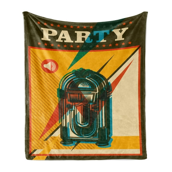 Jukebox Soft Flannel Fleece Throw Blanket, Digital Retro Print Party Themed Old Antique Music Radio, Cozy Plush for Indoor and Outdoor Use, 50" x 70", Earth Yellow Olive Green, by Ambesonne