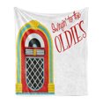 thumbnail image 1 of Jukebox Soft Flannel Fleece Throw Blanket, Jazz Age Vintage Party Theme Music Raido Box Words Art Print, Cozy Plush for Indoor and Outdoor Use, 50" x 60", Red Sky Blue and Yellow, by Ambesonne, 1 of 5