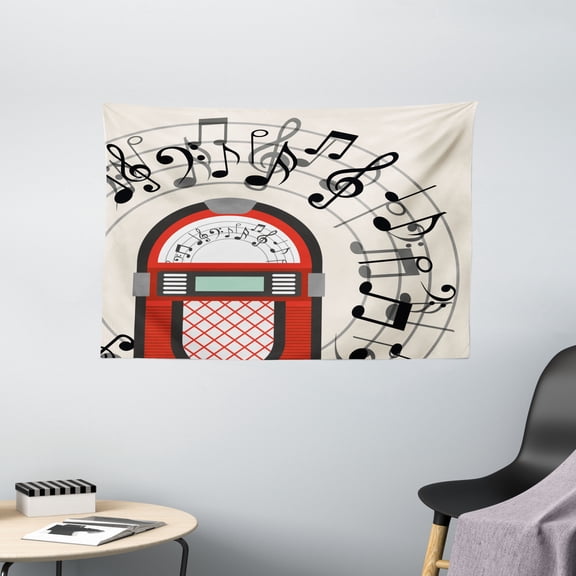 Jukebox Tapestry, Cartoon Antique Old Vintage Radio Music Box Party with Notes Artwork, Wall Hanging for Bedroom Living Room Dorm Decor, 60W X 40L Inches, Black White Grey and Red, by Ambesonne
