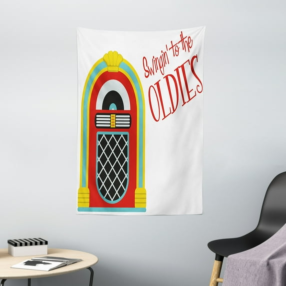 Jukebox Tapestry, Jazz Age Vintage Party Theme Music Raido Box with Quote Art Print, Wall Hanging for Bedroom Living Room Dorm Decor, 40W X 60L Inches, Red Sky Blue and Yellow, by Ambesonne