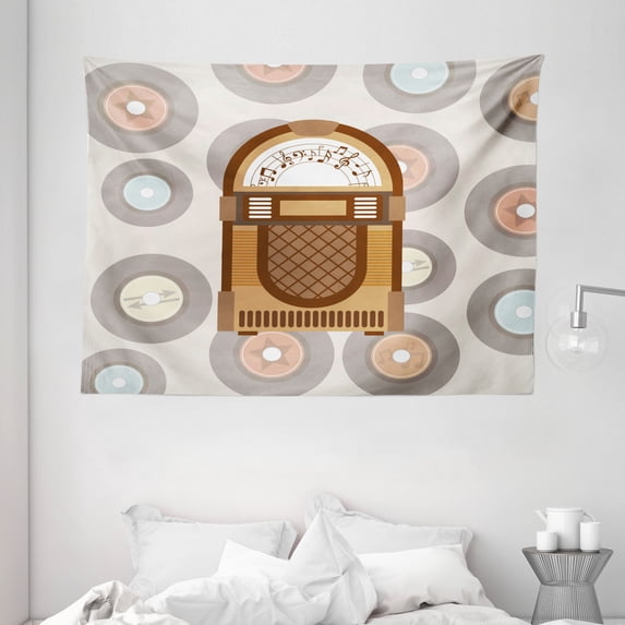 Jukebox Tapestry, Pick Up Music with Vintage Abstract Long Players Backdrop, Wall Hanging for Bedroom Living Room Dorm Decor, 80W X 60L Inches, Brown Light Coffee Grey and Peach, by Ambesonne