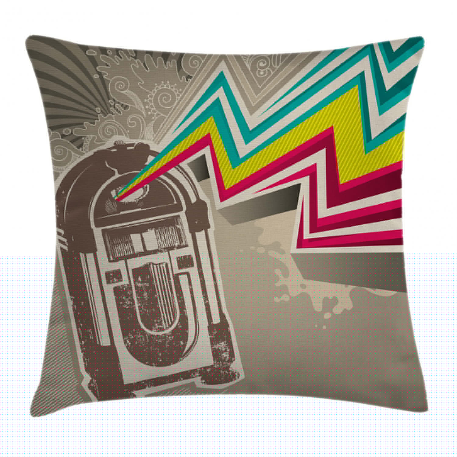 thumbnail image 1 of Jukebox Throw Pillow Cushion Cover, Antique Vintage Retro Radio Party with Colorful Zig Zag Design Image, Decorative Square Accent Pillow Case, 16 X 16 Inches, Light Grey and White, by Ambesonne, 1 of 2