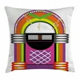 thumbnail image 1 of Jukebox Throw Pillow Cushion Cover, Cartoon Vivid Indian Design Vintage Music Notes Radio Box Artwork, Decorative Square Accent Pillow Case, 24 X 24 Inches, Orange Purple and Green, by Ambesonne, 1 of 1