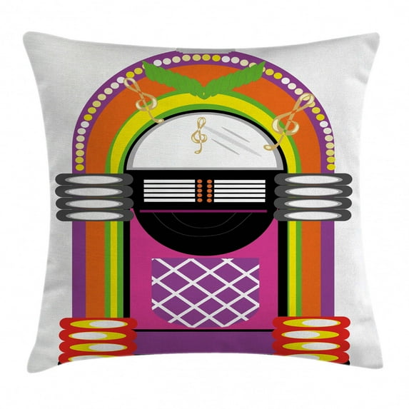 Jukebox Throw Pillow Cushion Cover, Cartoon Vivid Indian Design Vintage Music Notes Radio Box Artwork, Decorative Square Accent Pillow Case, 24 X 24 Inches, Orange Purple and Green, by Ambesonne