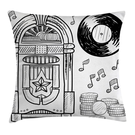 Jukebox Throw Pillow Cushion Cover, Doodle Style Retro Music Box Notes Coins Long Play Vintage Sketchy Artwork, Decorative Square Accent Pillow Case, 16 X 16 Inches, Black and White, by Ambesonne