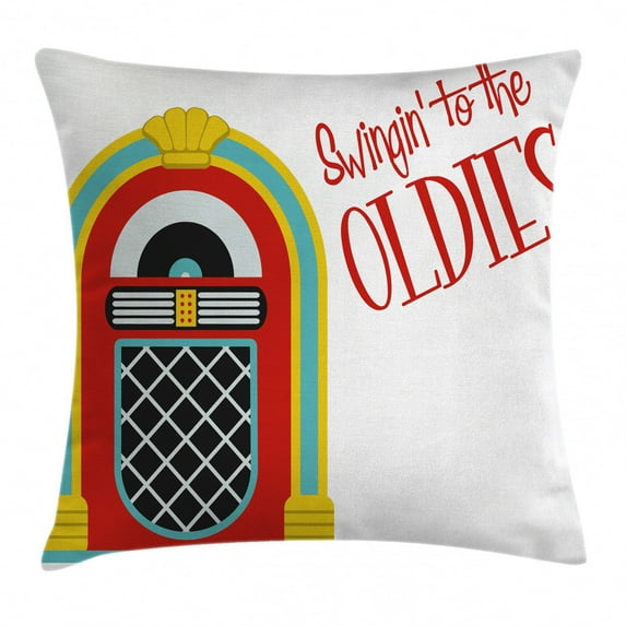 Jukebox Throw Pillow Cushion Cover, Jazz Age Vintage Party Theme Music Raido Box with Quote Art Print, Decorative Square Accent Pillow Case, 24 X 24 Inches, Red Sky Blue and Yellow, by Ambesonne