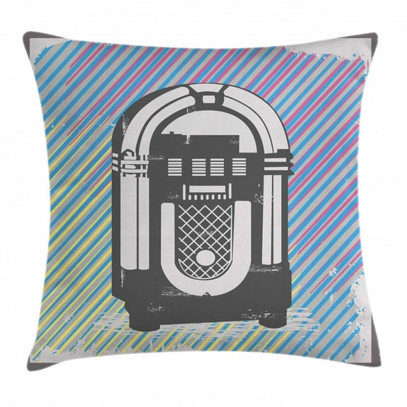 Jukebox Throw Pillow Cushion Cover, Radio Party Dark Grey Vintage Music Box with Abstract Grunge Colorful Stripes Image, Decorative Square Accent Pillow Case, 24 X 24 Inches, Multicolor, by Ambesonne