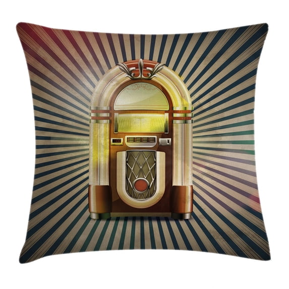 Jukebox Throw Pillow Cushion Cover, Retro Vintage 50s Pin Up Inspired Striped Backdrop Old Music Box, Decorative Square Accent Pillow Case, 18 X 18 Inches, Brown Beige and Petrol Green, by Ambesonne