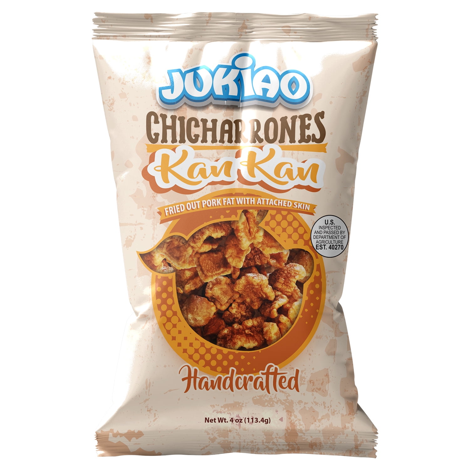 Jukiao Kan Kan Style Pork Rinds, Chicharrones in Plastic Bag