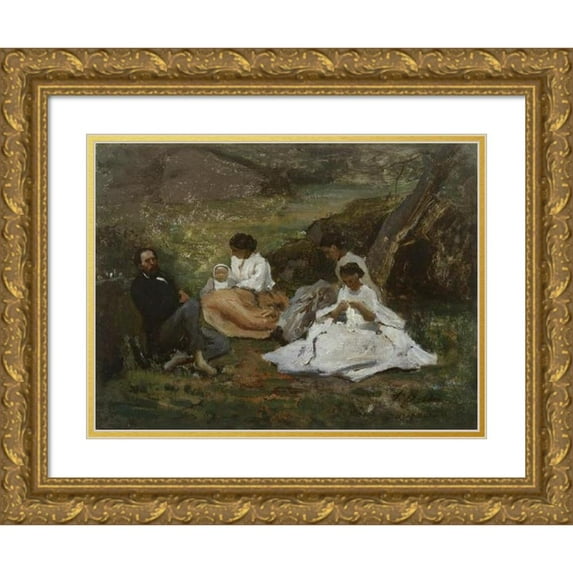 Jules Breton 14x12 Gold Ornate Wood Frame and Double Matted Museum Art Print Titled - Family Meeting in Bourron-Marlotte (1857)