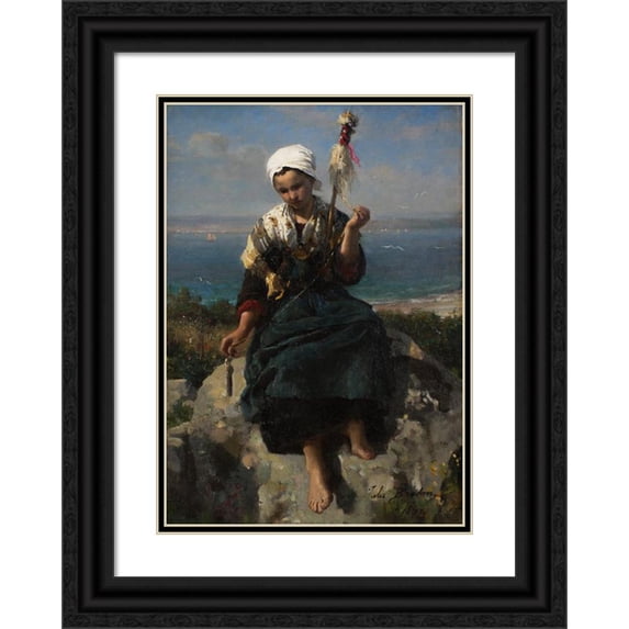 Jules Breton 18x24 Black Ornate Framed Double Matted Museum Art Print Titled: The Flax Spinner