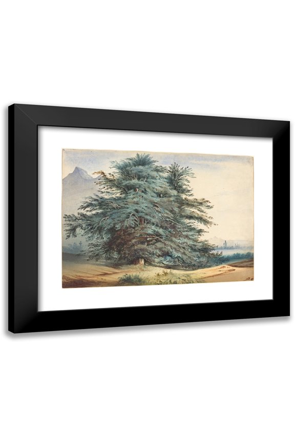 Jules Dupré 14x11 Black Modern Framed Museum Art Print Titled - Two Ancient Trees Before a Mountain Peak (C. 1830)