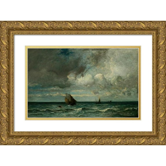 Jules Dupré 14x11 Gold Ornate Wood Frame and Double Matted Museum Art Print Titled - Barks Fleeing Before the Storm (1870-75)