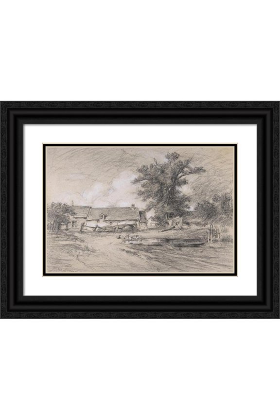 Jules Dupré 24x17 Black Ornate Framed Double Matted Museum Art Print Titled: Farmyard with Ducks (19th Century)