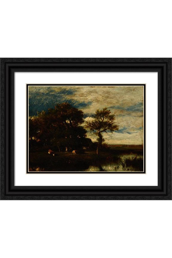 Jules Dupré 24x19 Black Ornate Framed Double Matted Museum Art Print Titled: Landscape with Rivers
