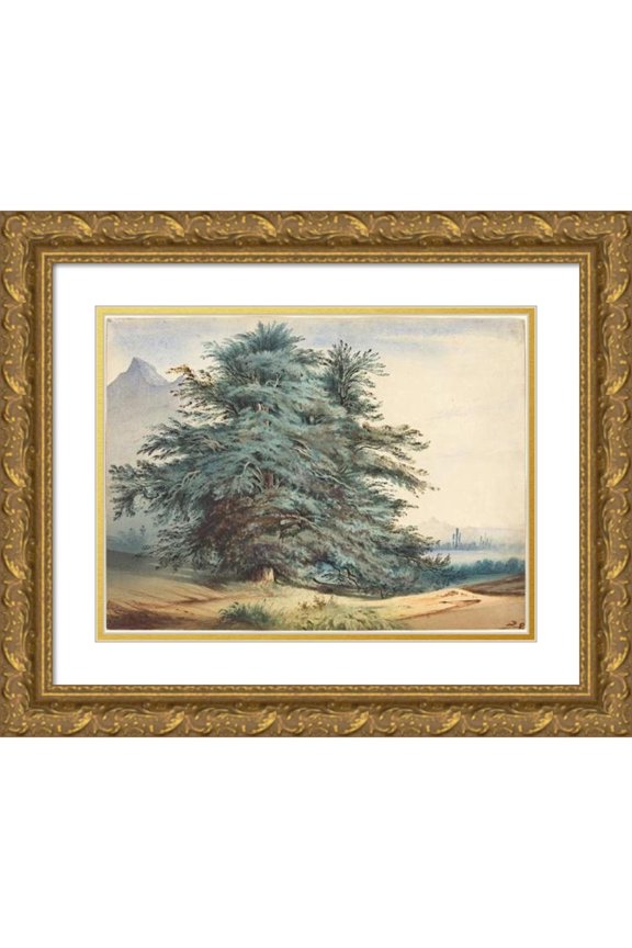 Jules Dupré 24x19 Gold Ornate Framed and Double Matted Museum Art Print Titled - Two Ancient Trees Before a Mountain Peak (C. 1830)