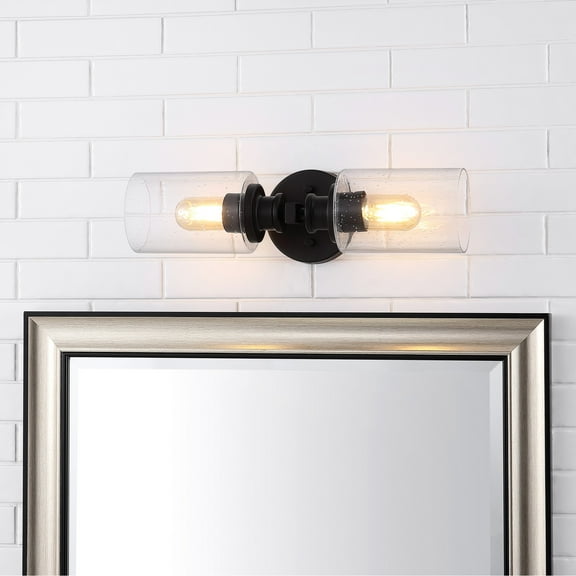 JONATHAN Y Jules Edison 16.5" Cylinder 2-Light Iron/Seeded Glass Farmhouse Contemporary LED Wall Sconce, Black
