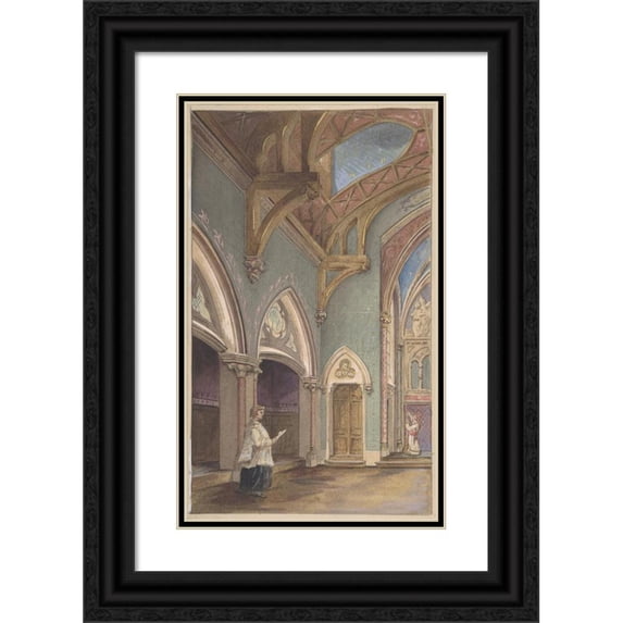 Jules-Edmond-Charles Lachaise 10x14 Black Ornate Wood Framed Double Matted Museum Art Print Titled: View of Interior with Figures, Saint Clotilde (19th Century)