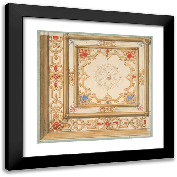 Jules-Edmond-Charles Lachaise 12x12 Black Modern Framed Museum Art Print Titled - Partial Design for a Ceiling Painted in Strapwork and Pine Cone Motifs (19th Century)