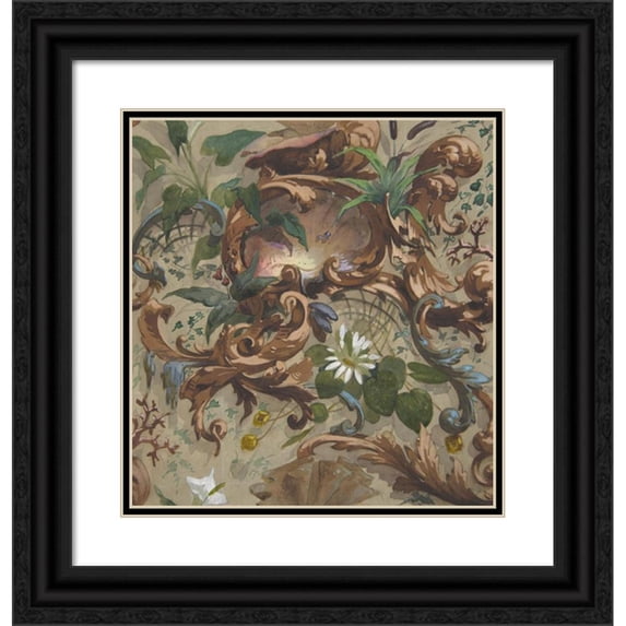 Jules-Edmond-Charles Lachaise 12x13 Black Ornate Wood Framed Double Matted Museum Art Print Titled: Design for Wallpaper Featuring Shells, Waterlilies, and Cattails (1830-97)