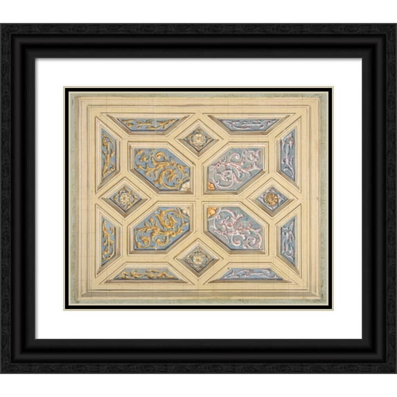 Jules-Edmond-Charles Lachaise 14x12 Black Ornate Wood Framed Double Matted Museum Art Print Titled: Design for a Coffered Ceiling Decorated with Rinceaux (1840-97)