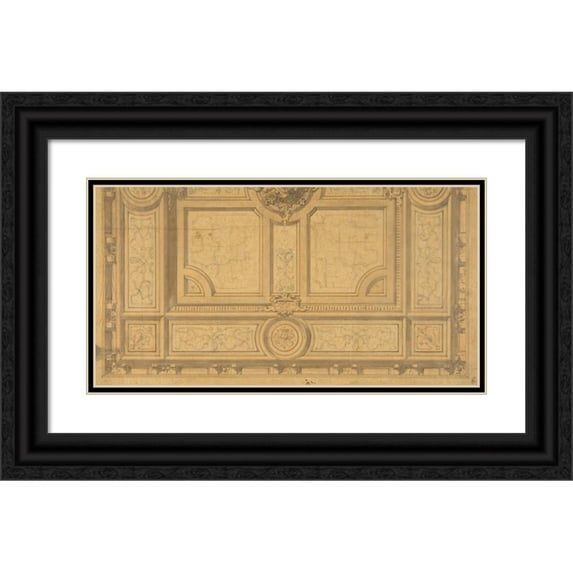 Jules-Edmond-Charles Lachaise 14x9 Black Ornate Wood Framed Double Matted Museum Art Print Titled: Design for Half of a Ceiling Decoration, Fontainbleau (1867)