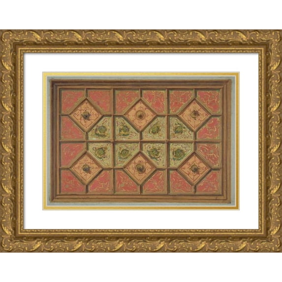 Jules-Edmond-Charles Lachaise 18x14 Gold Ornate Wood Frame and Double Matted Museum Art Print Titled - Design for the Painted Decoration of a Coffered Ceiling Incorporating the Initial; H (1