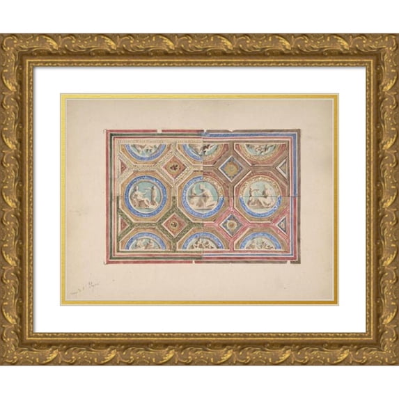 Jules-Edmond-Charles Lachaise 18x15 Gold Ornate Wood Frame and Double Matted Museum Art Print Titled - Design for Coffered Ceiling in Four Alternate Color Schemes, Empress Eugenie's Hotel (1
