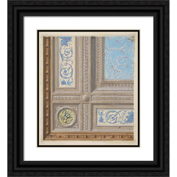 Jules-Edmond-Charles Lachaise 20x22 Black Ornate Framed Double Matted Museum Art Print Titled: Design for the Painted Decoration of a Coffered Ceiling with Initials; Vr (1830-97)