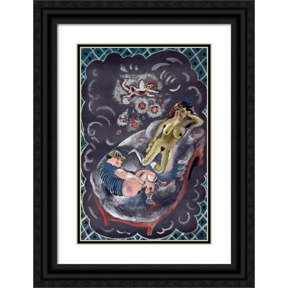Jules Pascin 17x24 Black Ornate Framed Double Matted Museum Art Print Titled: Two Figures and Cupid (C. 1920)