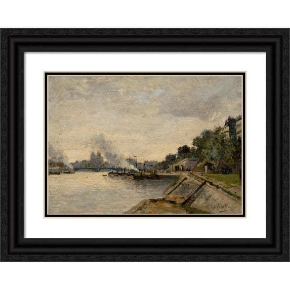 Jules Petillion 18x14 Black Ornate Wood Framed Double Matted Museum Art Print Titled - River Landscape with City View Across the Water (1865)