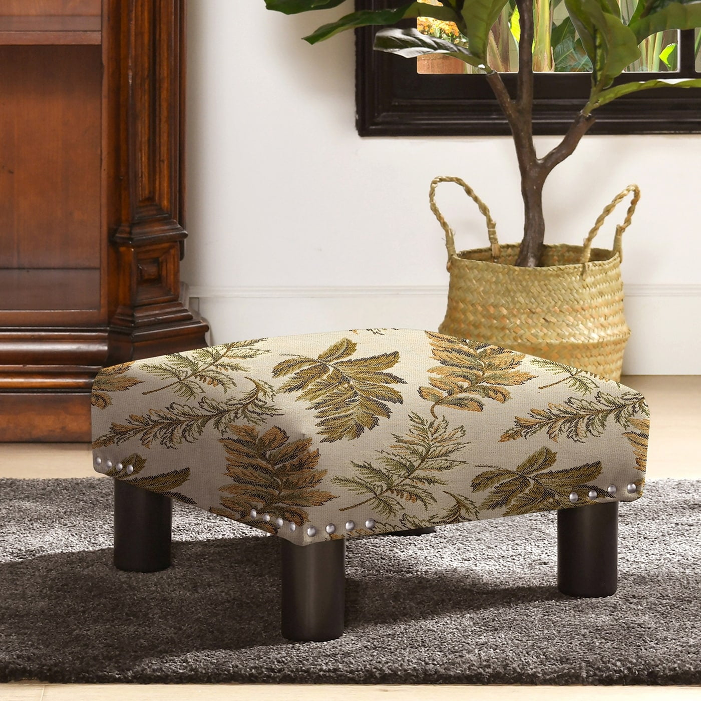 Tan Floral Jacquard Upholstered Square Ottoman with Black Legs
