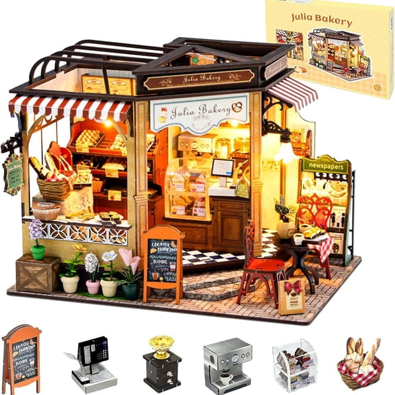 Julia Bakery DIY Miniature Wooden Dollhouse Kit with LED Lights & Furniture, 3D Puzzle Craft Gift for Adults & Teens