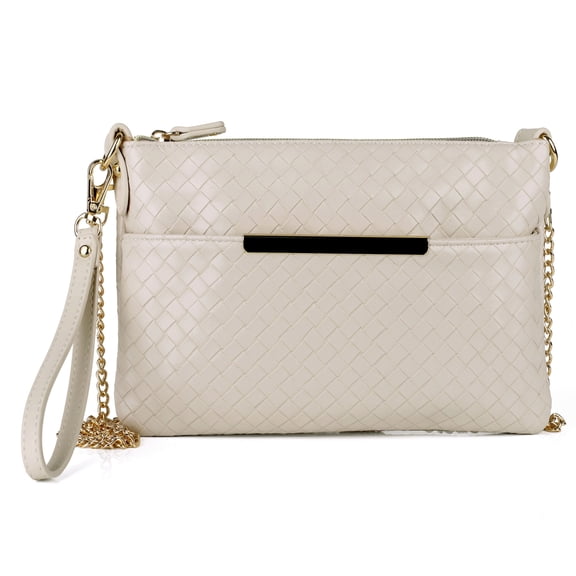 Julia Buxton Women's Basketweave Everywhere Convt Pouch Vegan Leather, White Pepper