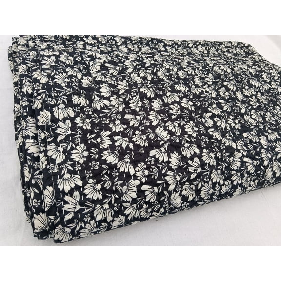 Julia Design Kantha Quilt Handblock Print Black& white floral Kantha Indian Netural Colour Indian inspired Bedding Hand Stitched Rural quilt A And E Textiles House